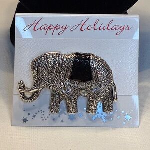 Vintage Marcasite Elegant Silver Elephant Black Enamel AB Rhinestone Brooch